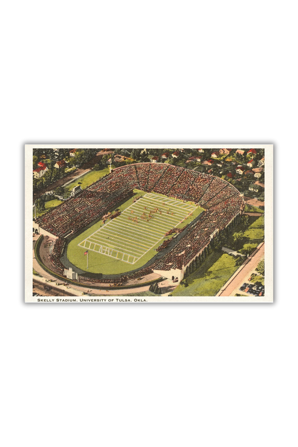 Retro-style postcard featuring Skelly Stadium at the University of Tulsa, vintage sports souvenir.