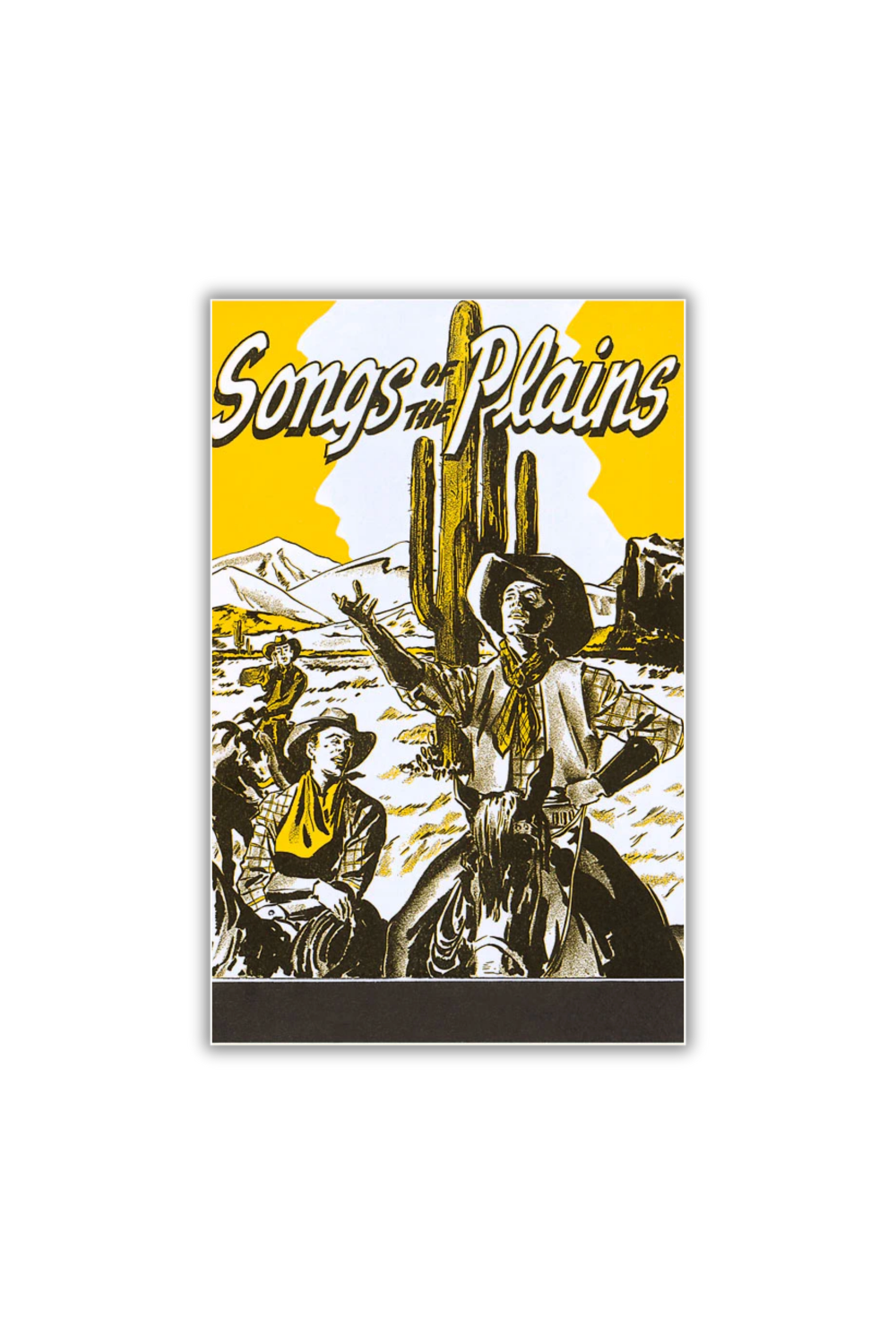 Vintage-style postcard featuring a western landscape with horses and open plains, titled “Songs of the Plains.”