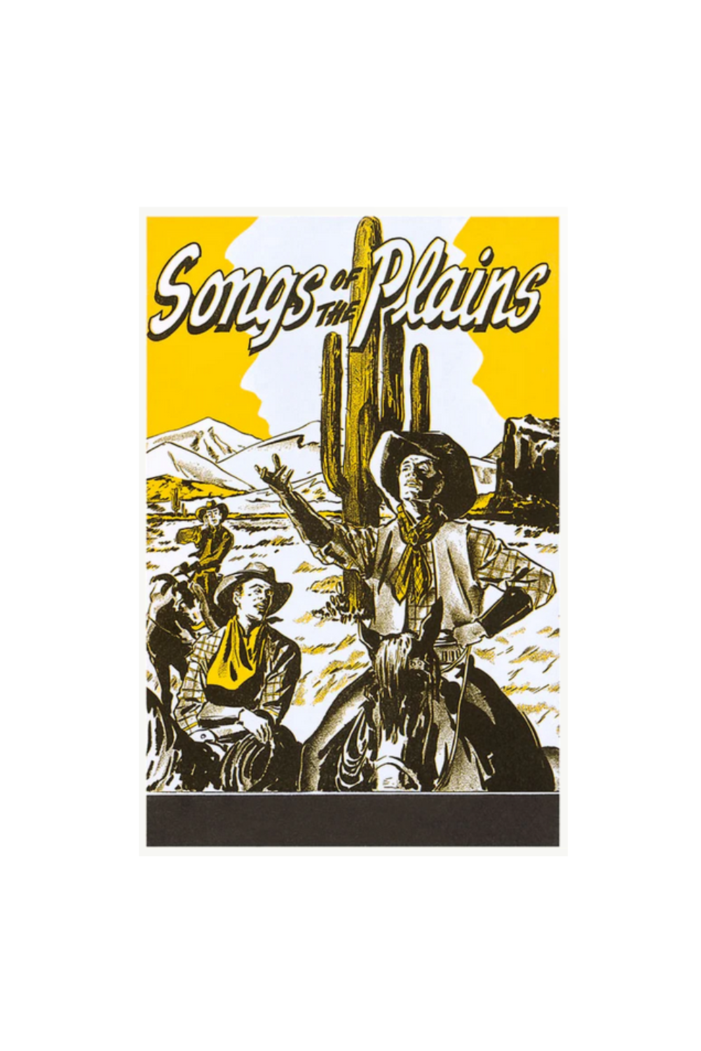 Vintage Songs of the Plains art print featuring cowboys and desert landscape in bold retro style.