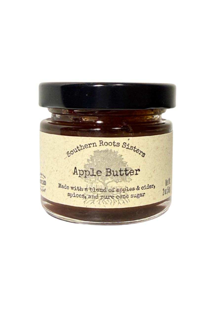 Small jar of Southern Roots Sisters Apple Butter, 2oz size, perfect for charcuterie boards and Oklahoma foodie gifts.