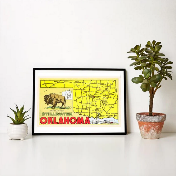 Retro Stillwater Oklahoma art print with postcard design, map, and buffalo illustration.