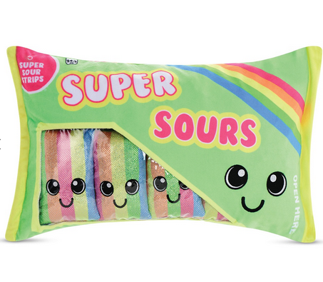 Large Super Sours plush toy shaped like candy with smaller scented pillows inside