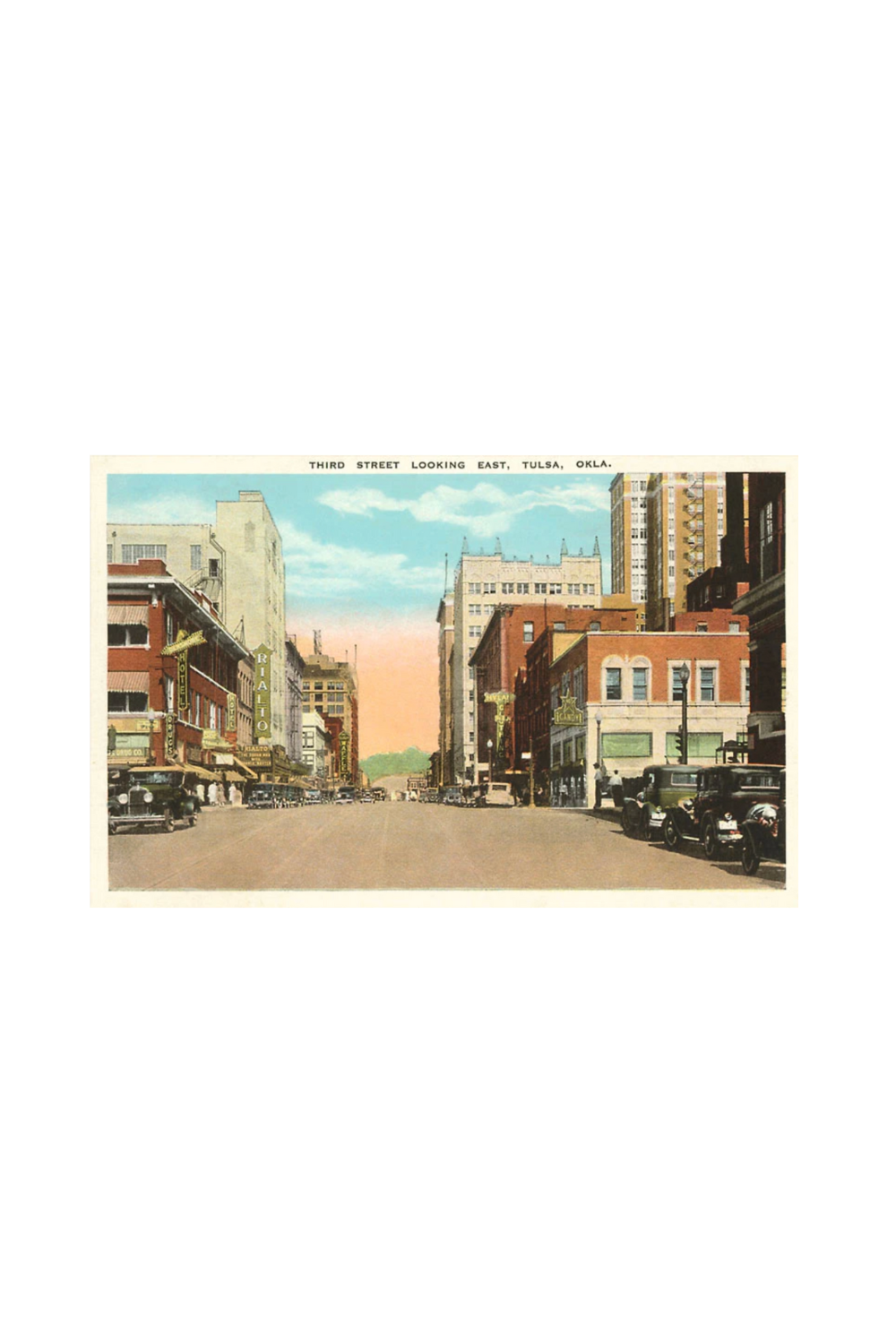 Retro art print of Third Street in downtown Tulsa, Oklahoma with historic storefronts and city view.