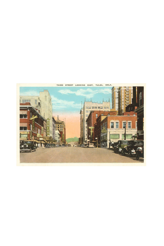 Retro art print of Third Street in downtown Tulsa, Oklahoma with historic storefronts and city view.