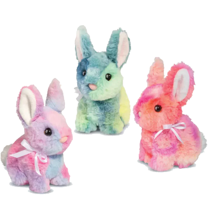 Colorful tie dye bunny plush with soft rainbow fabric