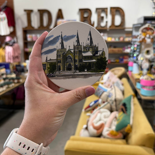 Illustrated waterstone coaster showing the architecture of Holy Family Cathedral in Tulsa, Oklahoma