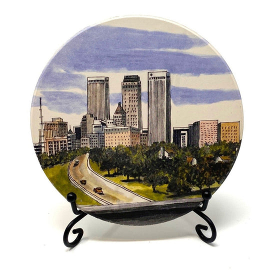 Full-color waterstone coaster featuring a hand-drawn illustration of the Tulsa skyline from the Tulsa in Ink collection