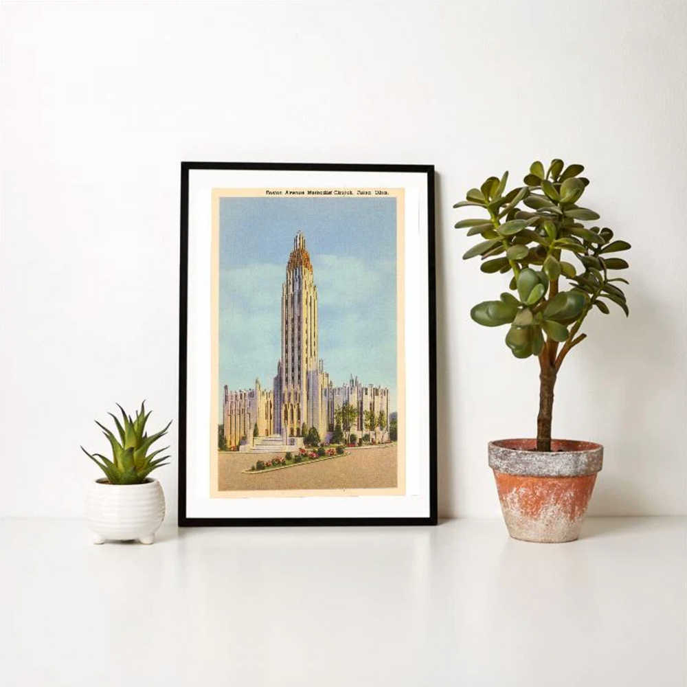 Vintage-style Boston Avenue Methodist Church art print, showcasing Tulsa’s historic Art Deco landmark.