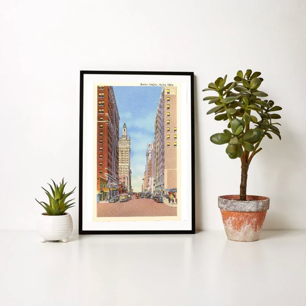 Retro art print of Boston Avenue in Tulsa, showing vintage downtown street view and architecture.