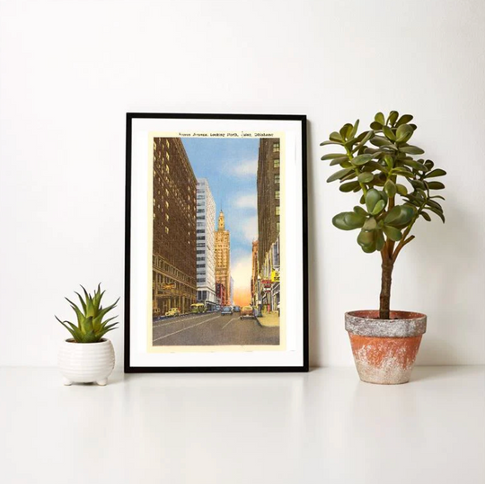 Vintage Tulsa art print featuring Boston Avenue street view, classic downtown city scene.