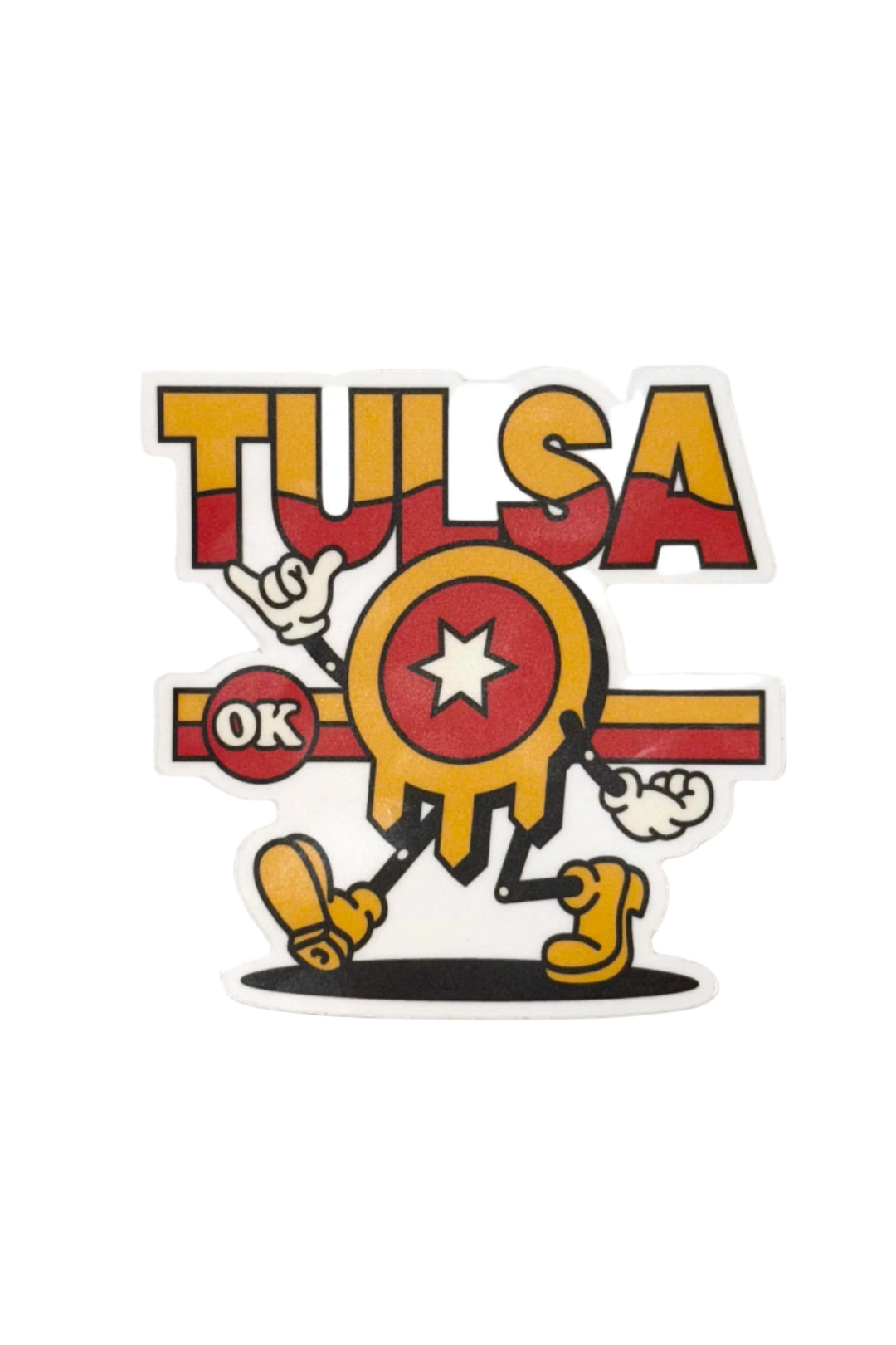 Cartoon-style sticker of Tulsa flag walking with arms and legs