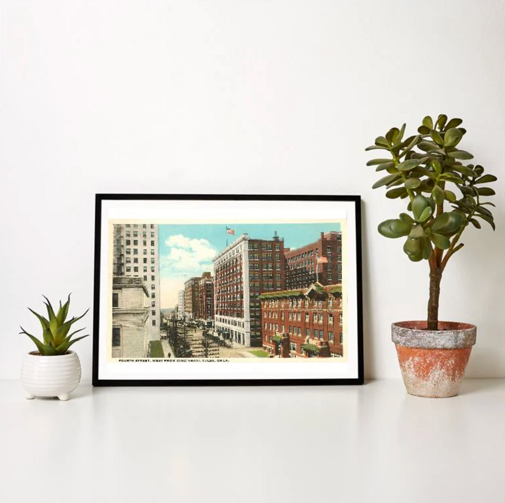 Vintage Fourth Street Tulsa art print showing a downtown street view with historic buildings.