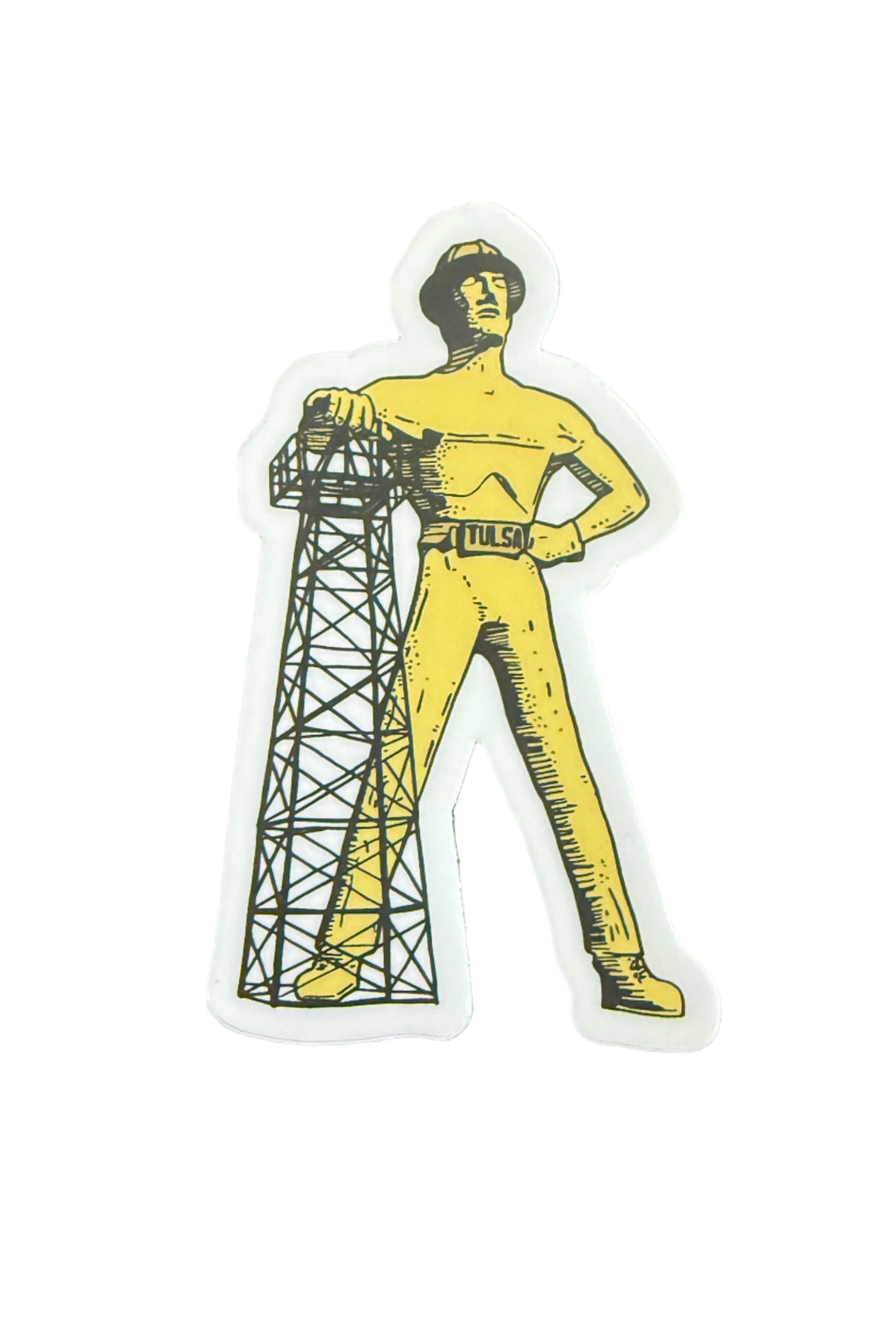 Tulsa Golden Driller statue sticker with oil derrick illustration on vinyl