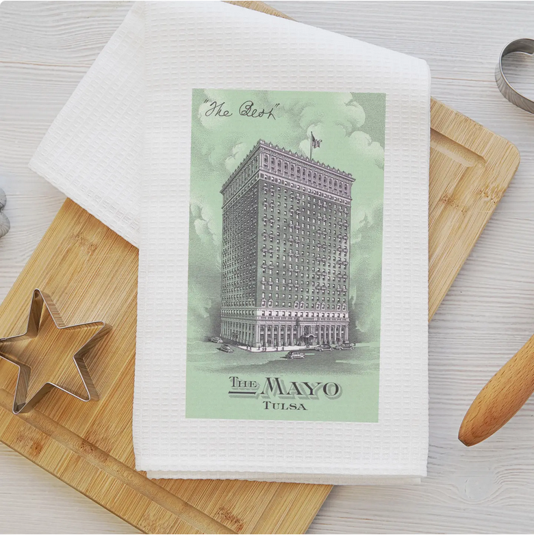 Cotton dish towel with “The Best” Mayo Hotel illustration, blending practical kitchen use with Tulsa history.