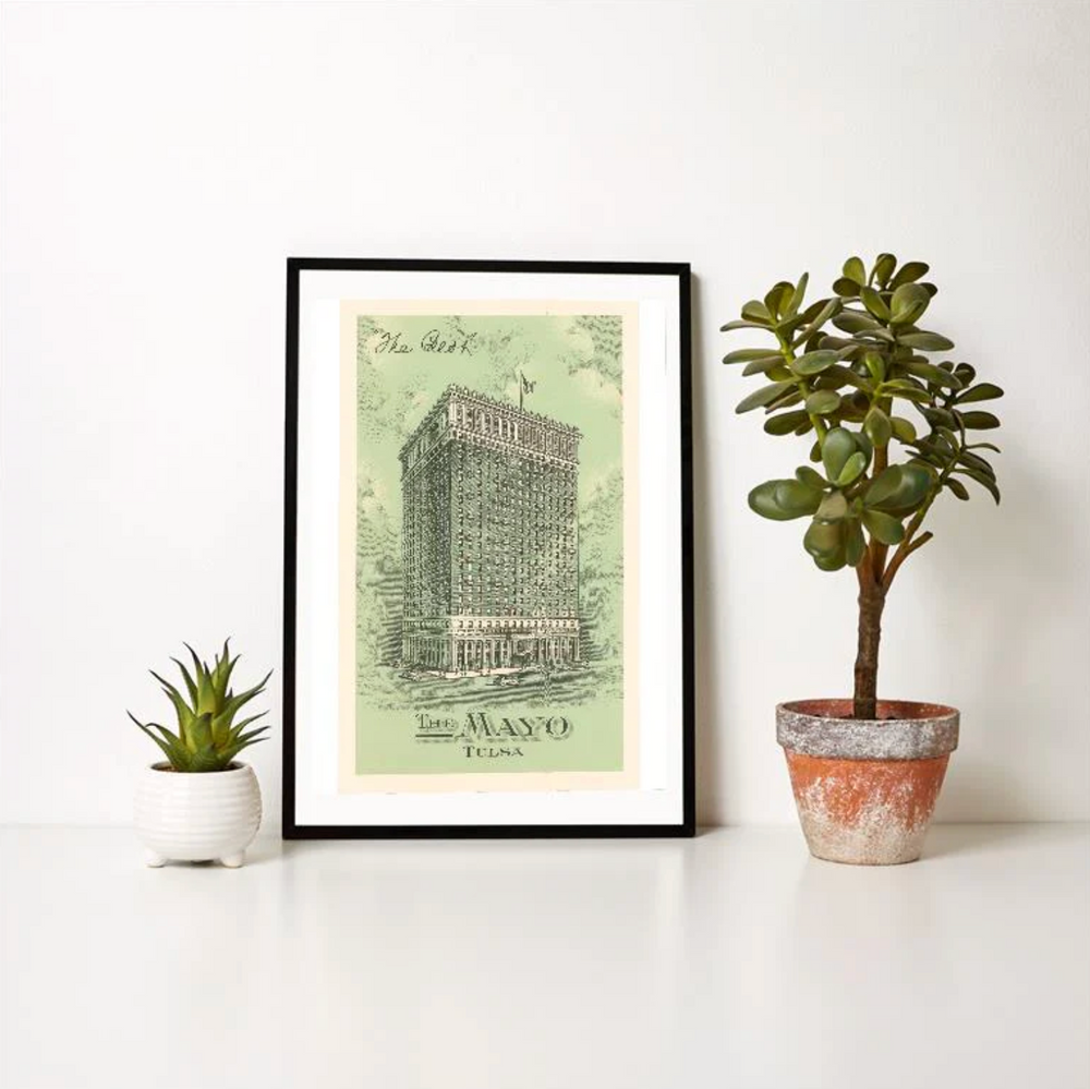 Retro art print of the Mayo Hotel, iconic Tulsa landmark in vintage green money-style design.