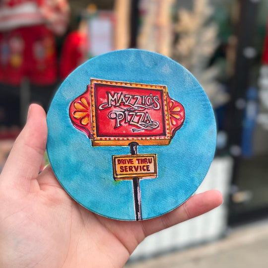 Tulsa in Ink series coaster with classic Mazzio’s Pizza storefront