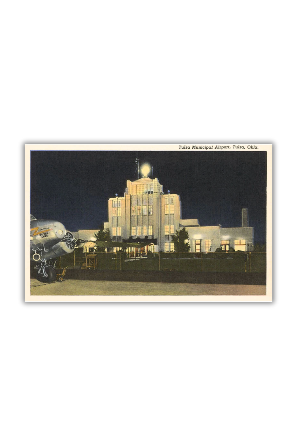Retro-style postcard showing the Tulsa Municipal Airport with classic vintage artwork, collectible Oklahoma travel card.