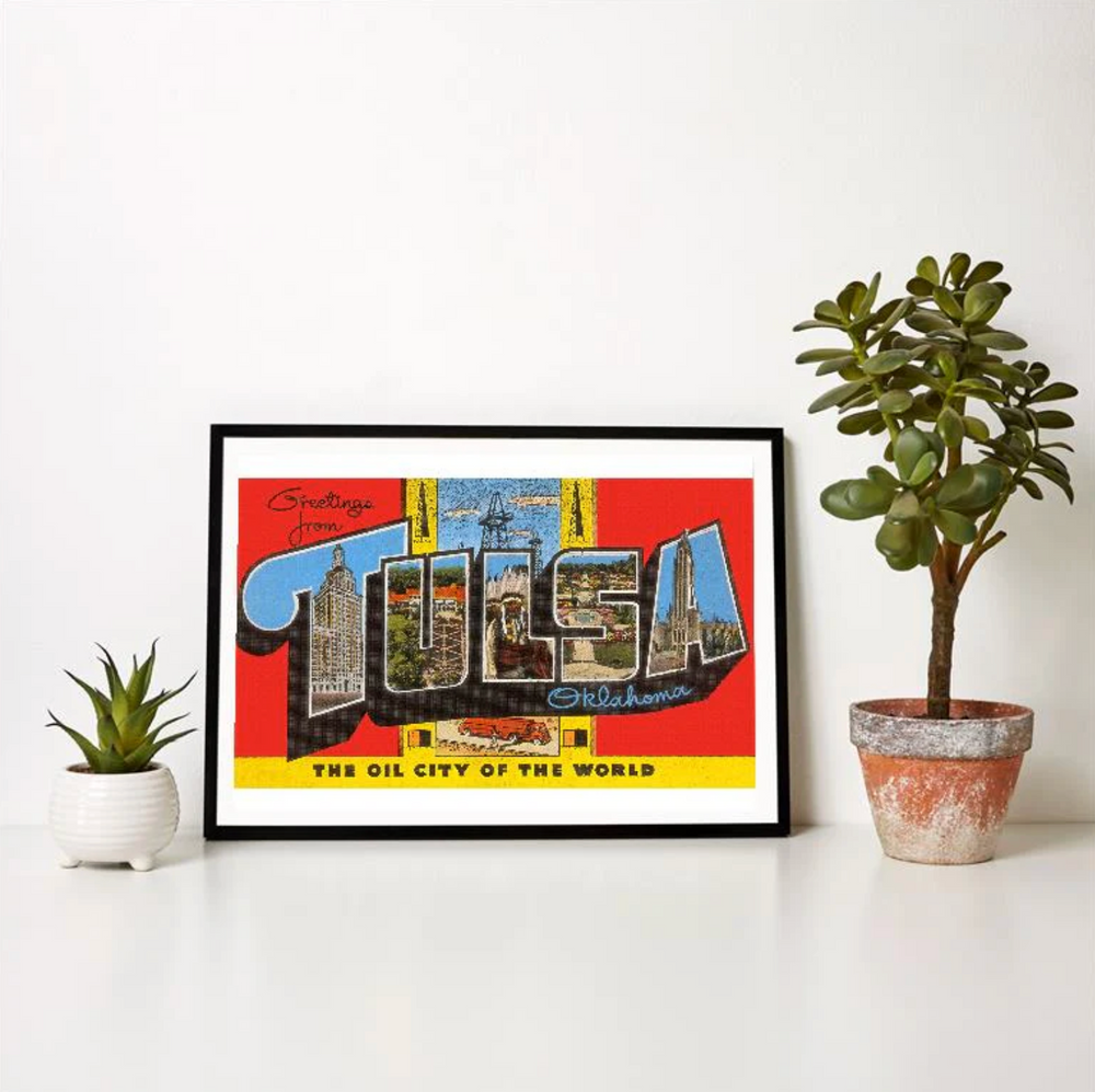 12.5" x 18" Tulsa art print designed like a vintage postcard, featuring city icons and Oklahoma landmarks.