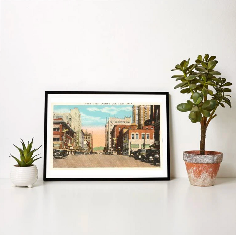 Vintage Third Street Tulsa art print showing a downtown street scene with classic buildings.