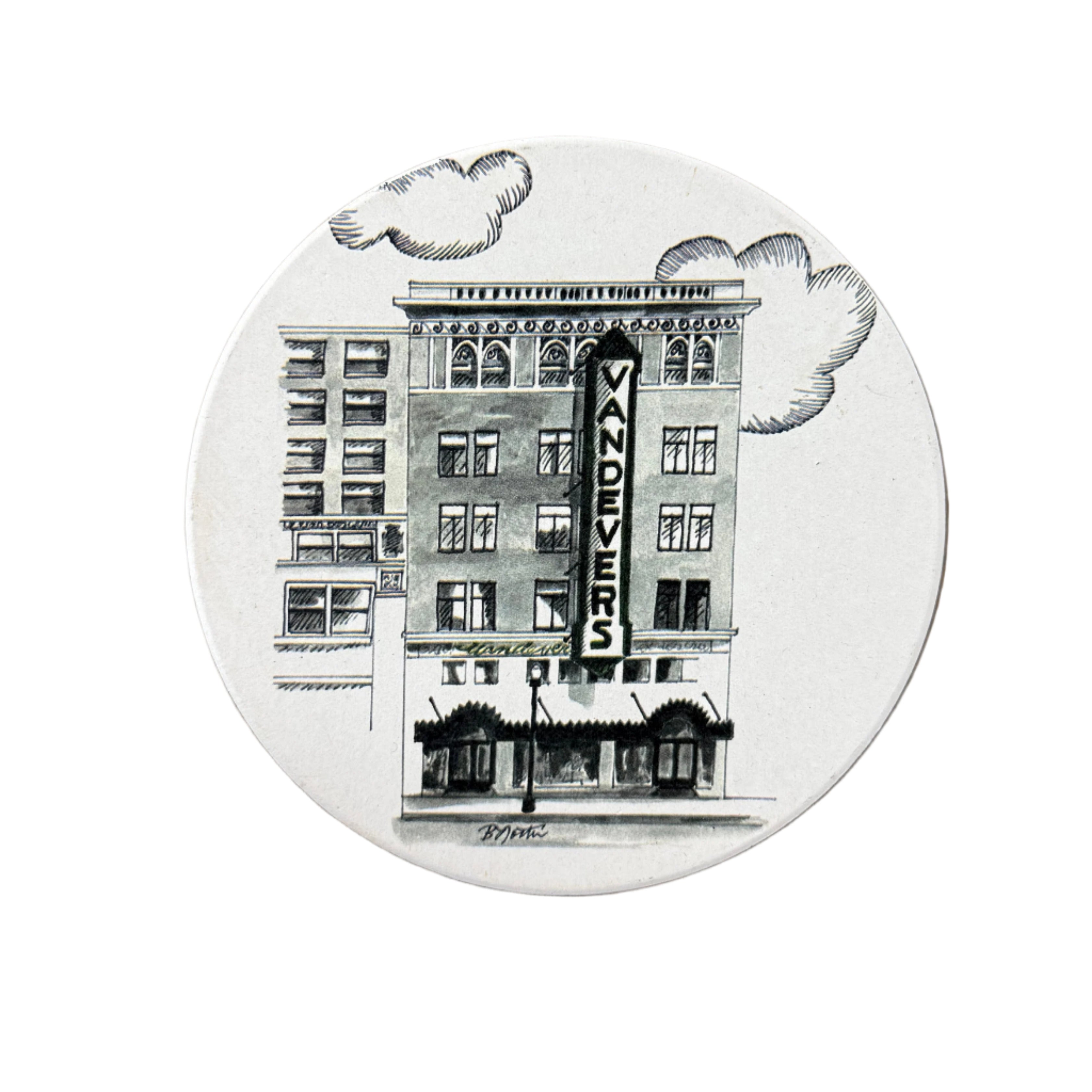 Coaster with ink drawing of the historic Vandevers building in Tulsa