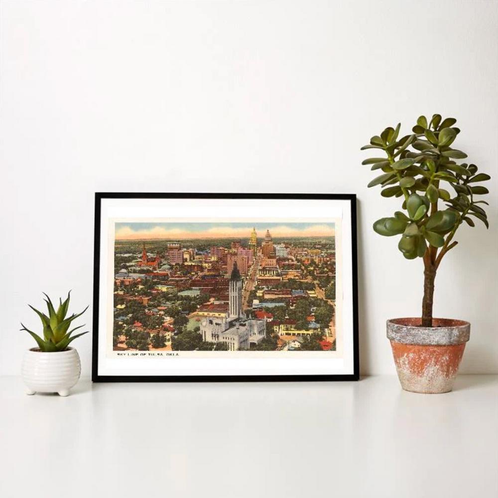 Aerial view of Tulsa skyline featuring downtown buildings and city streets in a fine art print.