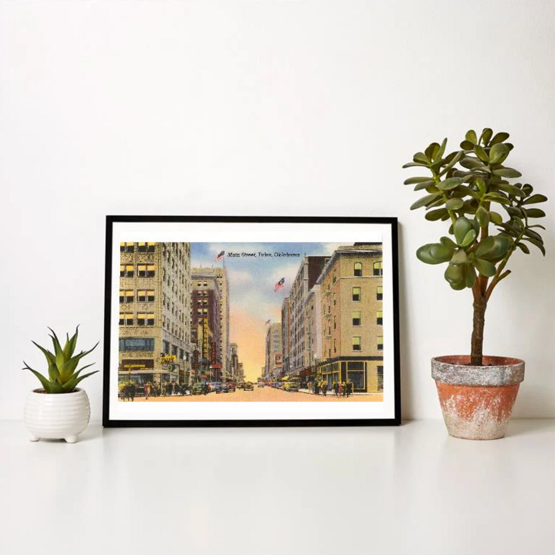Downtown Tulsa street view print featuring buildings, shops, and city atmosphere on Main Street.
