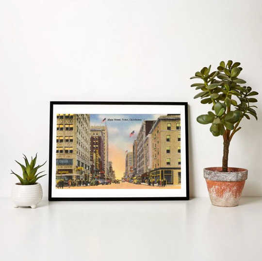 Downtown Tulsa street view print featuring buildings, shops, and city atmosphere on Main Street.