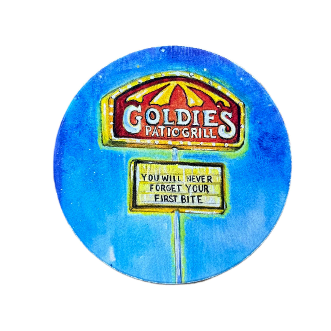 Coaster featuring hand-drawn sketch of Goldie’s Patio Grill in Tulsa