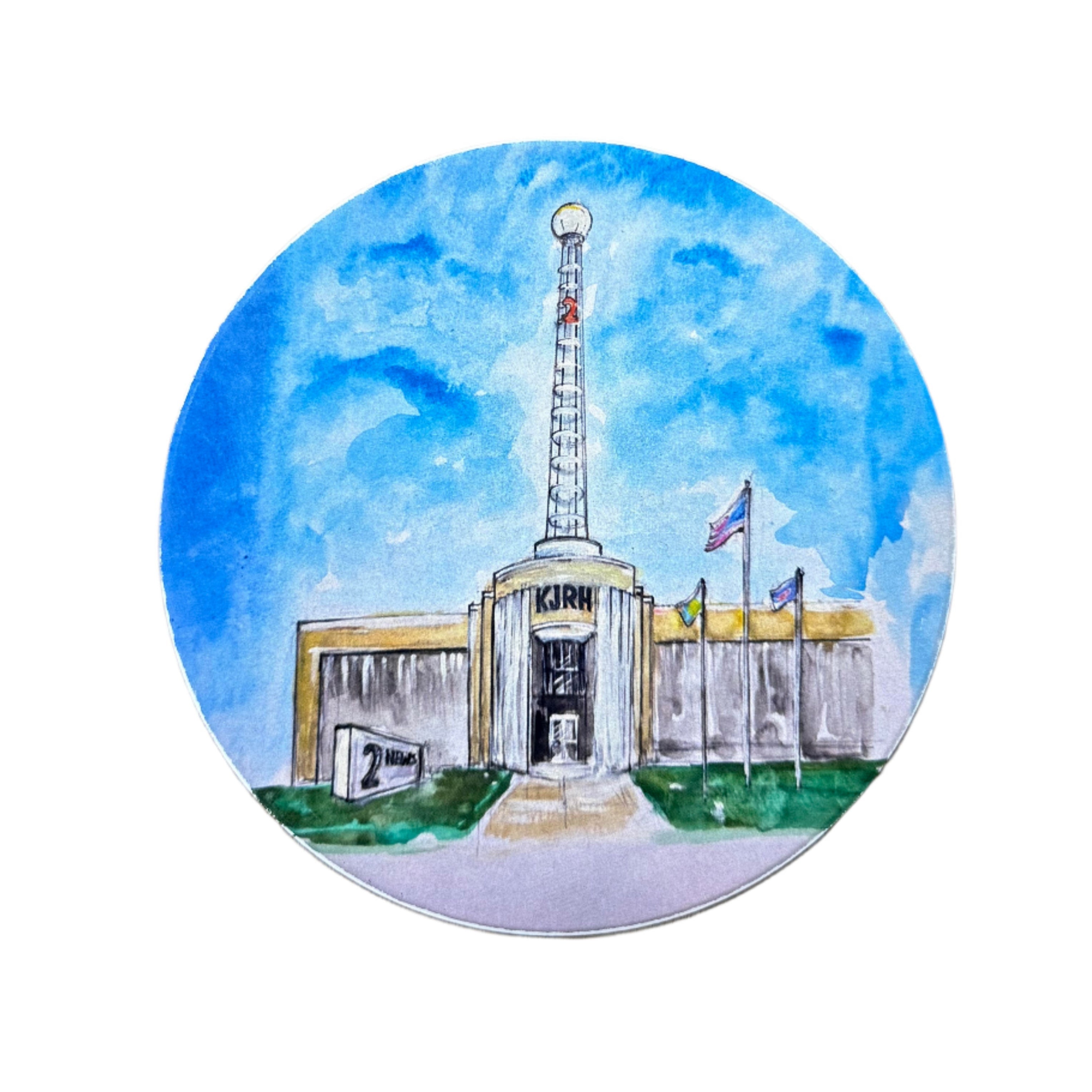 Coaster with ink sketch of KJRH Channel 2 News building in Tulsa