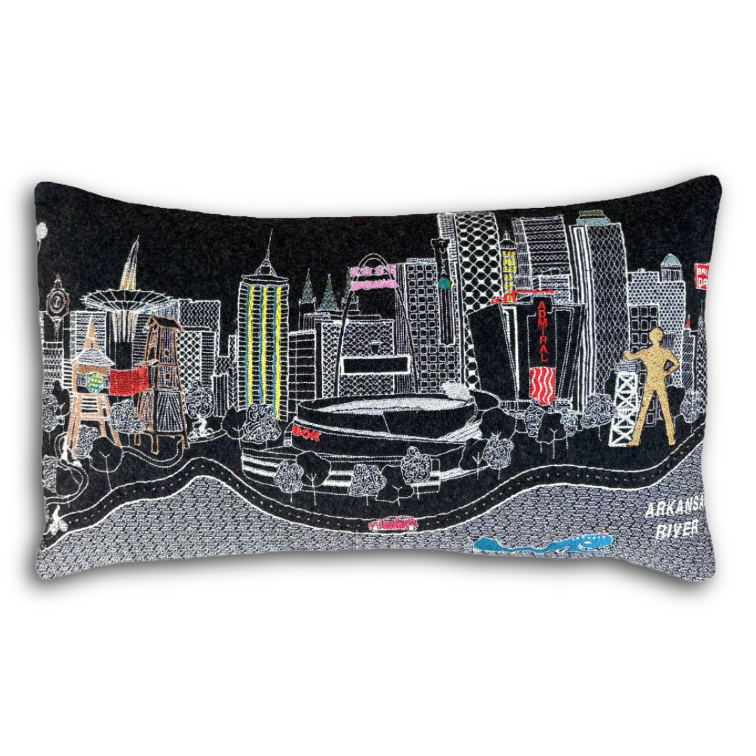 Black Tulsa Skyline Embroidered Pillow