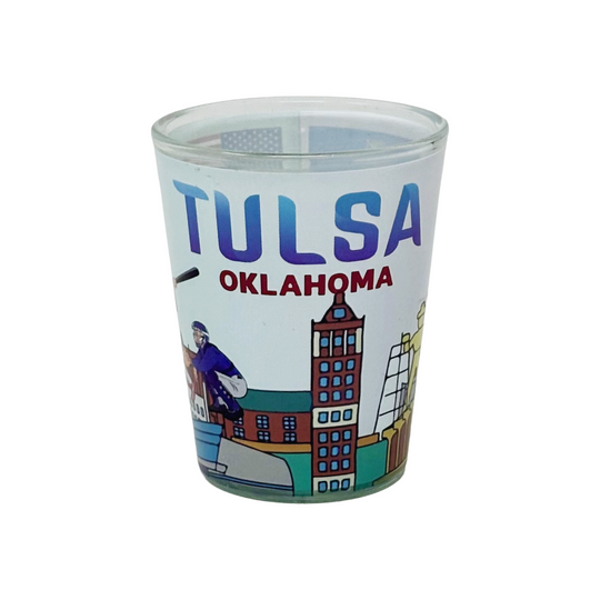 Tulsa Skyline Monuments & Flags Shot Glass