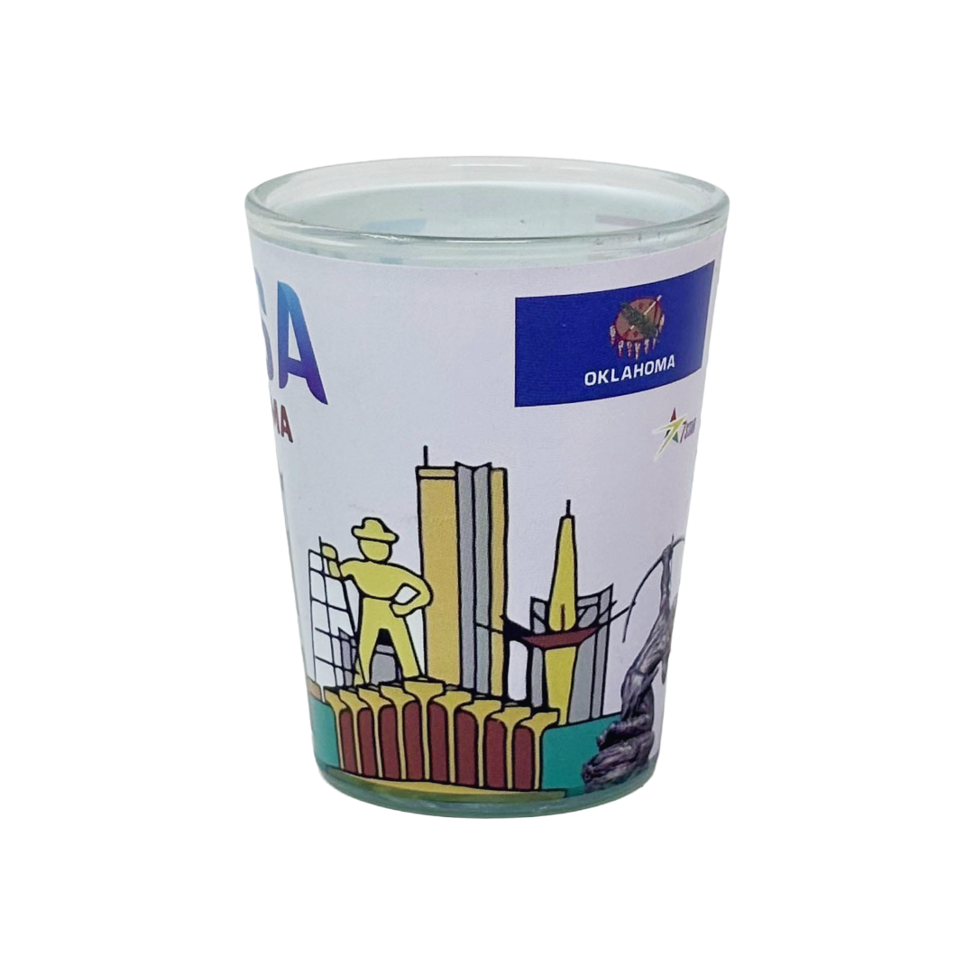 Tulsa Skyline Monuments & Flags Shot Glass