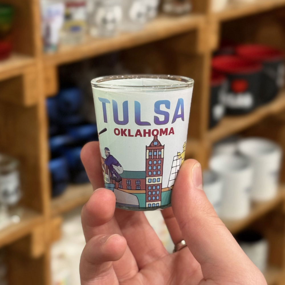 Tulsa Skyline Monuments & Flags Shot Glass
