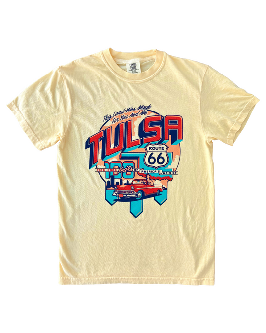 Tulsa Route 66 Classic Car Tshirt Butter Yellow