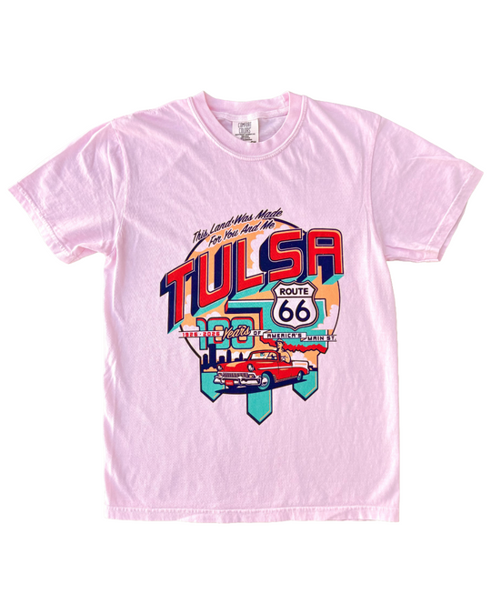 Tulsa Route 66 Classic Car Tshirt Blossom Pink