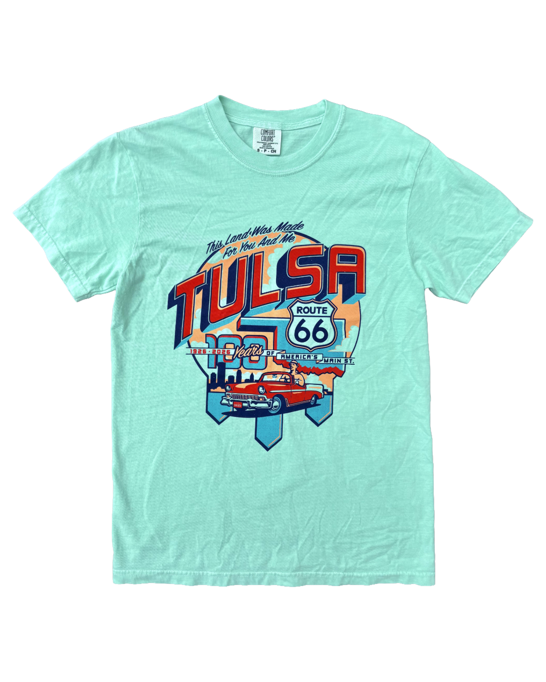 Tulsa Route 66 Classic Car Tshirt Island Green