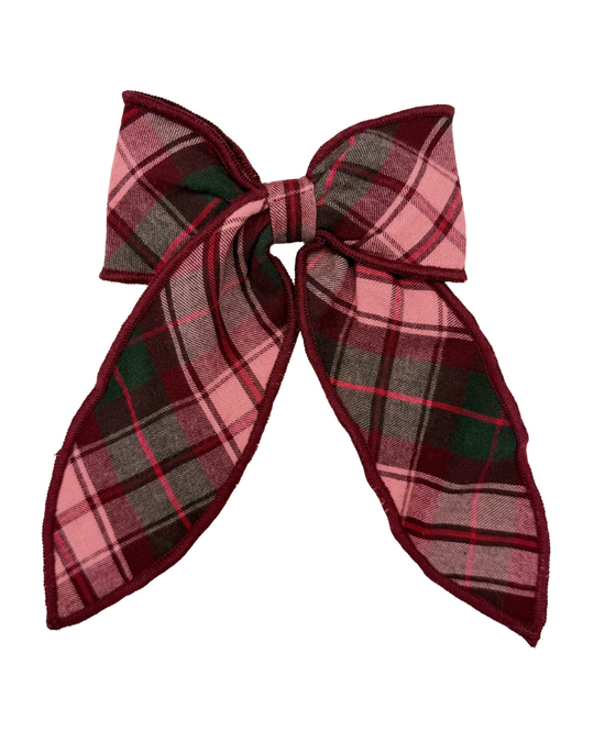Pink Chicken - Burgundy Tartan Long Tail Hair Bow