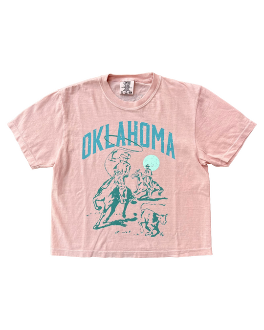 Oklahoma Cowboy Roper Peach Cropped Tshirt