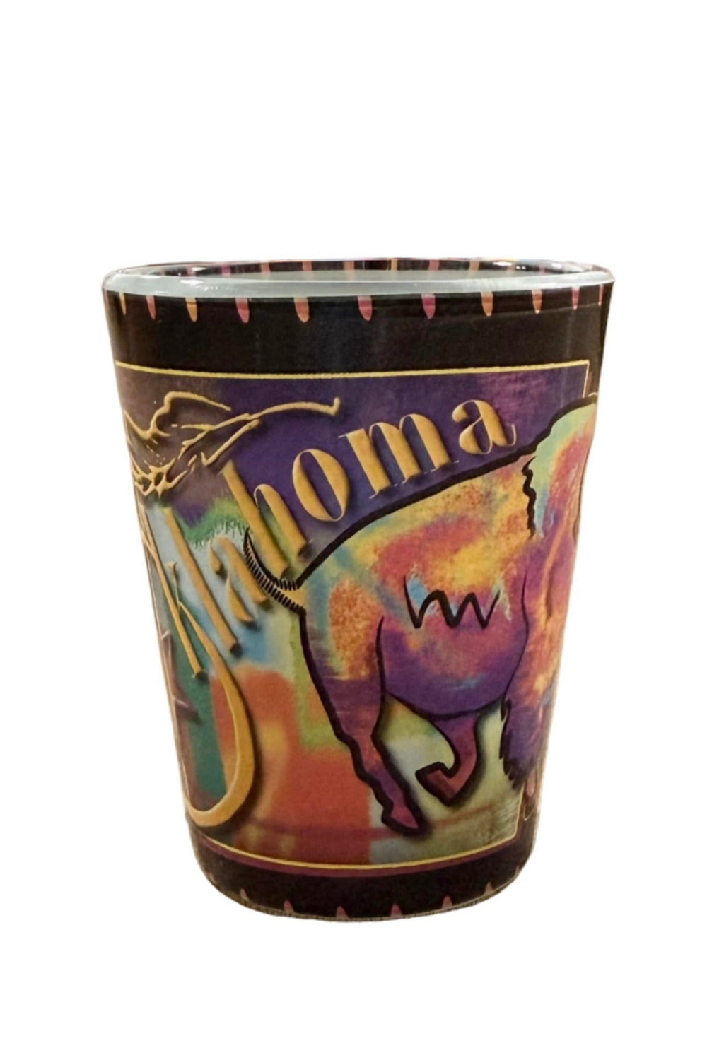 Oklahoma souvenir shot glass with buffalo artwork