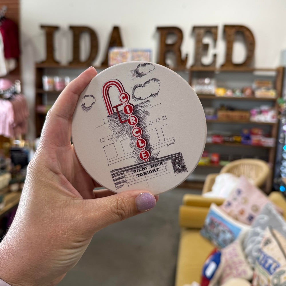 Tulsa in Ink coaster of historic Circle Cinema theater with bold red sign