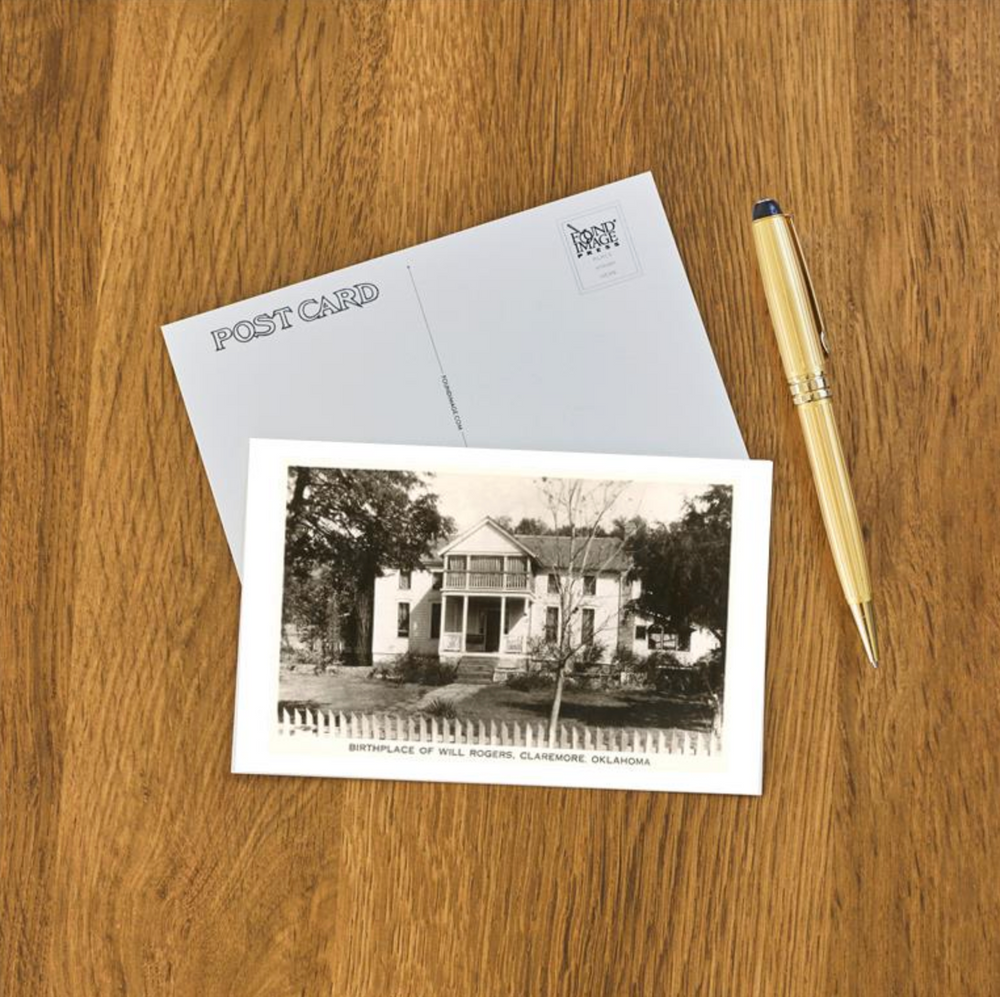 Classic postcard featuring the Will Rogers Birthplace in Claremore, Oklahoma, in vintage-style artwork.