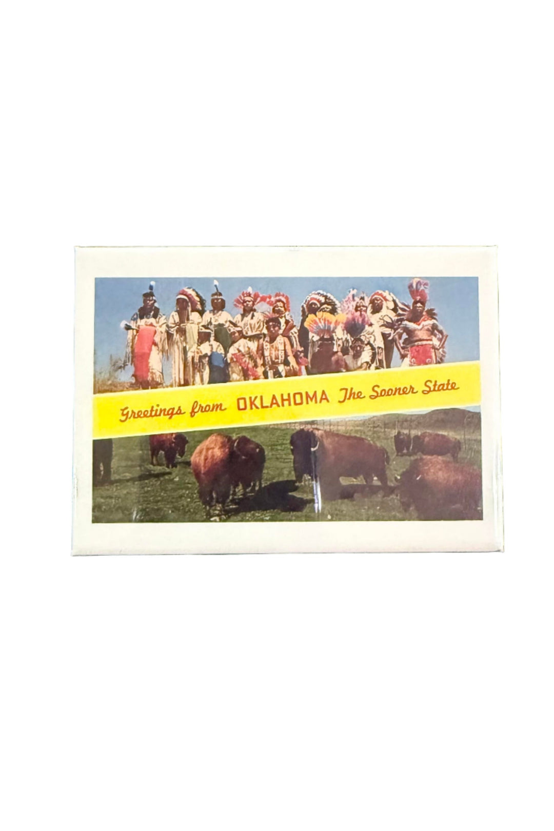 Retro Oklahoma fridge magnet with buffalo and dancers