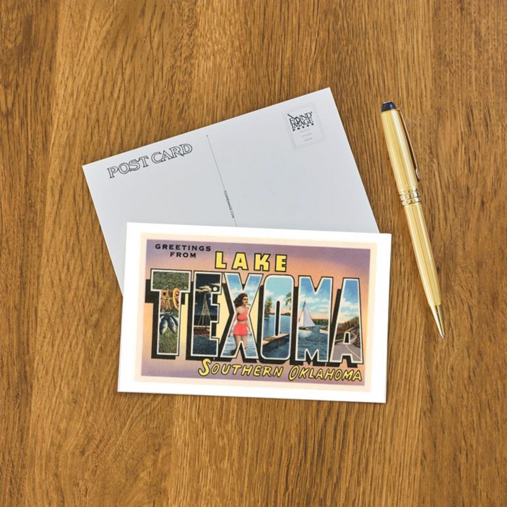 Classic “Greetings from Lake Texoma” postcard with billboard-style lettering filled with vintage lake scenes.