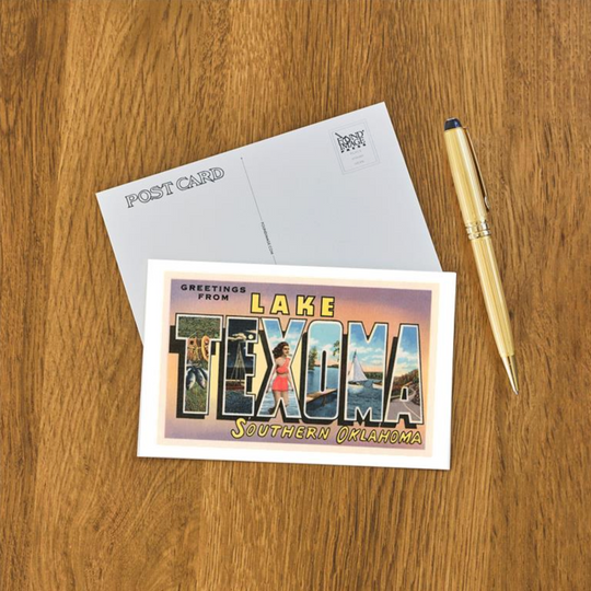 Classic “Greetings from Lake Texoma” postcard with billboard-style lettering filled with vintage lake scenes.