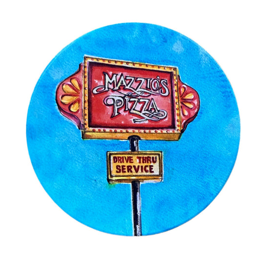 Coaster featuring ink sketch of the original Mazzio’s Pizza in Tulsa