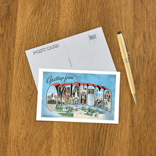 Classic “Greetings from Oklahoma” postcard featuring retro lettering and iconic Oklahoma imagery.