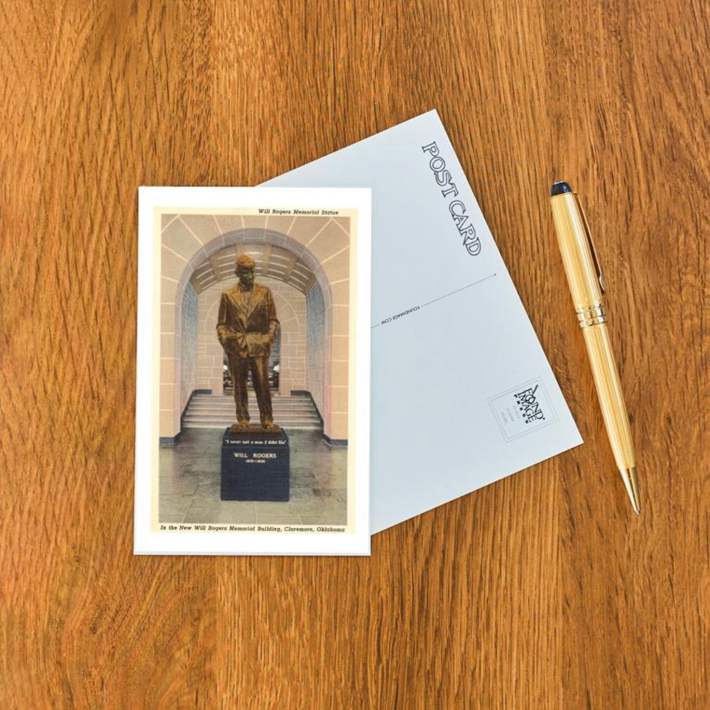 Classic postcard featuring the Will Rogers statue in Claremore, Oklahoma, designed in vintage travel art style.