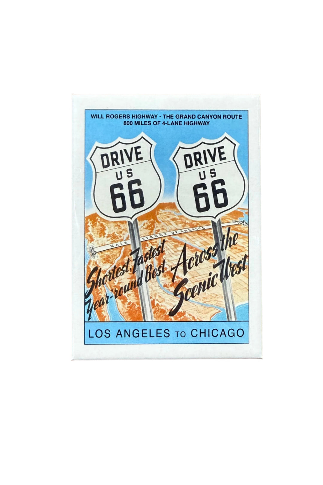Retro magnet with twin Route 66 signs and scenic western highway design