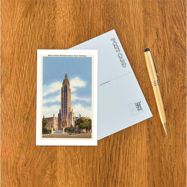 Retro postcard print of Boston Avenue Methodist Church, an iconic Art Deco landmark in Tulsa, Oklahoma.