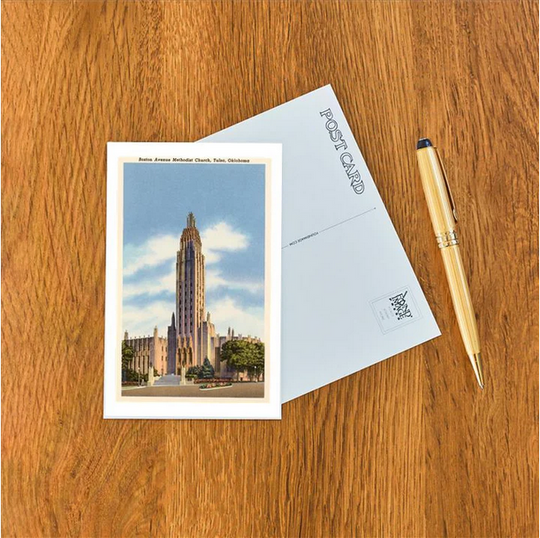 Retro postcard print of Boston Avenue Methodist Church, an iconic Art Deco landmark in Tulsa, Oklahoma.